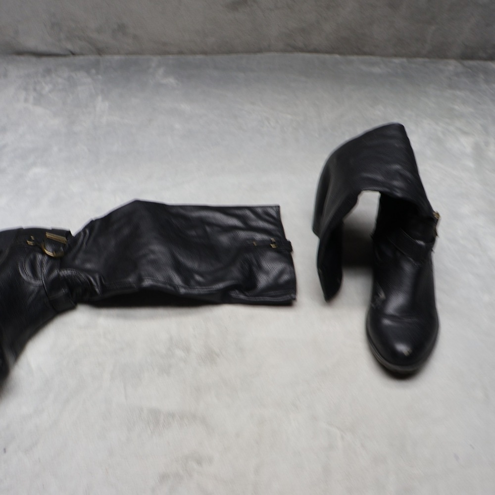 Rampage Women 7.5M Moto Boots Black Intense Tall Rugged Leather Buckle Casual